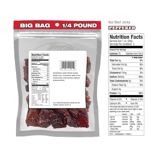 Old Trapper Peppered Beef Jerky Traditional Style Real Wood Smoked Made from 100% Top Round Steaks Pack of 2 4 oz. Resealable Bags With Bonus Magnet by Lyza's Sweets & Treats 254732432