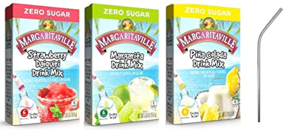 Margaritaville Zero Sugar Drink Mixes, Strawberry Daiquiri, Margarita, and Pina Colada (Pack of 3) - with Make Your Day Stainless Steel Straw 368166538 Margaritaville Zero Sugar Drink Mixes, Strawberry Daiquiri, Margarita, and Pina Colada (Pack of 3) - with Make Your Day Stainless Steel Straw 368166538